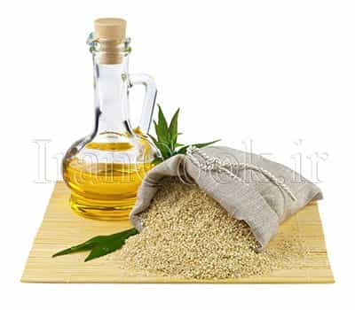 Macro view of sesame seeds in flax sack and glass bottle of sesame oil isolated on white background